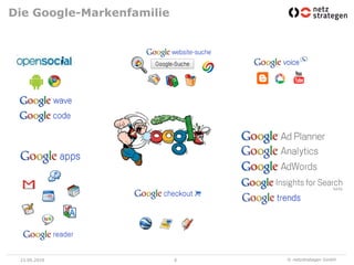 Die Google-Markenfamilie




 23.06.2010                6   © netzstrategen GmbH
 