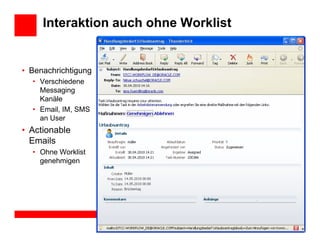 Interaktion auch ohne Worklist


• Benachrichtigung
  • Verschiedene
    Messaging
    Kanäle
  • Email, IM, SMS
    an User
• Actionable
  Emails
  • Ohne Worklist
    genehmigen




                                      25
 