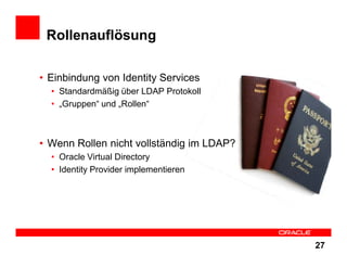 Rollenauflösung

• Einbindung von Identity Services
  • Standardmäßig über LDAP Protokoll
  • „Gruppen“ und „Rollen“



• Wenn Rollen nicht vollständig im LDAP?
  • Oracle Virtual Directory
  • Identity Provider implementieren




                                           27
 
