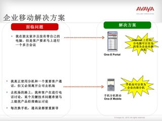 企业移动解决方案 我在朋友家并且没有带自己的电脑，但是客户要求马上进行一个多方会议 One-X Portal Internet 上任何一台电脑可以安全的变为企业内部分机 我真正使用分机和一个重要客户通话，但又必须离开公司去机场 去机场的路上，我和客户在进行电话讨论，某个关键技术问题希望马上能找产品经理确认讨论 每次换手机，通讯录都要重新导 手机也可以变为企业内部分机 手机分机联动 One-X Mobile 面临问题 解决方案 
