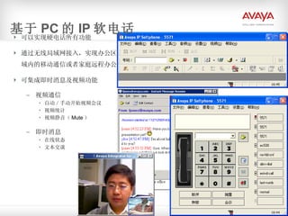 基于 PC 的 IP 软电话 可以实现硬电话所有功能 通过无线局域网接入，实现办公区域内的移动通信或者家庭远程办公 可集成即时消息及视频功能 视频通信 自动／手动开始视频会议 视频统计 视频静音（ Mute ） 即时消息 在线状态 文本交谈 
