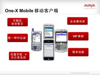 One-X Mobile 移动客户端 可视化 统一呼叫记录 企业通讯录 任意手机  =  办公室电话 简单切换 语音留言 VIP 弹屏 