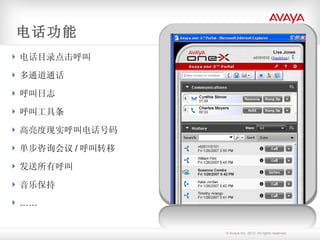 电话功能 电话目录点击呼叫 多通道通话 呼叫日志 呼叫工具条 高亮度现实呼叫电话号码 单步咨询会议 / 呼叫转移 发送所有呼叫 音乐保持 …… 