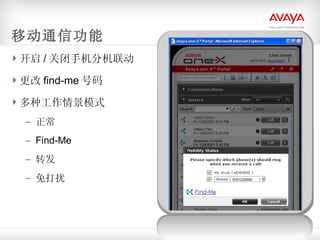移动通信功能 开启 / 关闭手机分机联动 更改 find-me 号码 多种工作情景模式 正常 Find-Me 转发 免打扰 