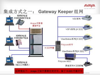 集成方式之一： Gateway Keeper 组网 这种情况下， avaya 方面不需要任何许可，除了 H.323 中继许可 