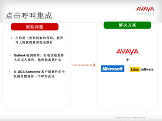 点击呼叫集成 在网页上找到同事的号码，能否马上用我的桌面电话拨打 Outlook 收到邮件，打电话给发件人却无人接听，他的状态是什么 在 OCS/Sametime 客户端软件的小组成员想召开一个即时会议 + 面临问题 解决方案 
