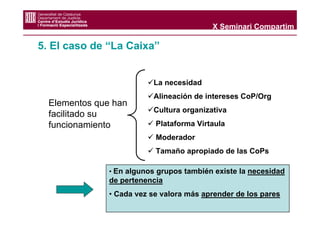 X Seminari Compartim

5. El caso de “La Caixa”


                          La necesidad
                          Alineación de intereses CoP/Org
  Elementos que han
                          Cultura organizativa
  facilitado su
  funcionamiento           Plataforma Virtaula
                           Moderador
                           Tamaño apropiado de las CoPs

               • En algunos grupos también existe la necesidad
               de pertenencia
               • Cada vez se valora más aprender de los pares
 