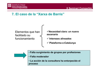 X Seminari Compartim

7. El caso de la “Xarxa de Barris”




  Elementos que han         Necesidad clara: un nuevo
  facilitado su            escenario
  funcionamiento               Intereses alineados
                               Plataforma e-Catalunya



           • Falta surgimiento de grupos por profesiones
           • Falta moderador
           • La acción de la consultora ha entorpecido el
           proceso
 