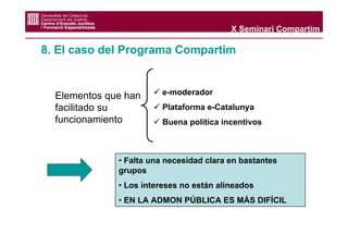 X Seminari Compartim

8. El caso del Programa Compartim


  Elementos que han      e-moderador
  facilitado su          Plataforma e-Catalunya
  funcionamiento         Buena política incentivos



              • Falta una necesidad clara en bastantes
              grupos
              • Los intereses no están alineados
              • EN LA ADMON PÚBLICA ES MÁS DIFÍCIL
 