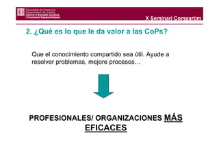 X Seminari Compartim

2. ¿Qué es lo que le da valor a las CoPs?


 Que el conocimiento compartido sea útil. Ayude a
 resolver problemas, mejore procesos…




PROFESIONALES/ ORGANIZACIONES MÁS
                   EFICACES
 