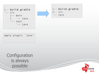.                      .
|-- build.gradle       |-- build.gradle
`-- src                |-- src
    |-- main           `-- test
    |   `-- java
    `-- test
        `-- java



apply plugin: 'java'




 Configuration
   is always
    possible
                                          2010
 
