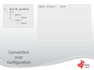 .                  apply plugin: 'java'
|-- build.gradle
`-- src
    |-- main
    |   `-- java
    `-- test
        `-- java




  Convention
     over
 configuration
                                          2010
 