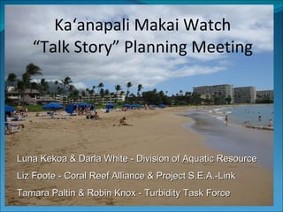 Ka‘anapali Makai Watch “Talk Story” Planning Meeting Luna Kekoa & Darla White - Division of Aquatic Resource Liz Foote - Coral Reef Alliance & Project S.E.A.-Link  Tamara Paltin & Robin Knox - Turbidity Task Force 