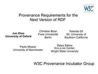 Provenance Requirements for the
               Next Version of RDF

                          Christian Bizer         Yolanda Gil
     Jun Zhao            Freie Universität     ISI, University of
University of Oxford          Berlin          Southern California

                                       Satya Sahoo
          Paolo Missier              Kno.e.sis Center,
     University of Manchester      Wright State University



                       W3C Provenance Incubator Group
 