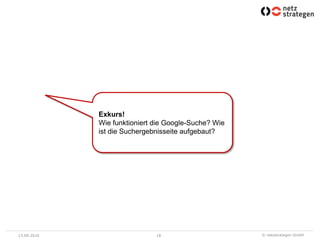 13.09.201018Exkurs!Wie funktioniert die Google-Suche? Wie ist die Suchergebnisseite aufgebaut? 