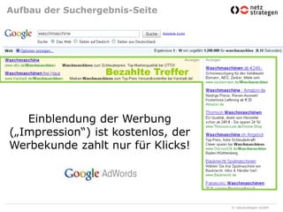 Aufbau der Suchergebnis-SeiteDie Suche bei Kaufvorhaben startet am häufigsten bei einer SuchmaschineBezahlte TrefferEinblendung der Werbung („Impression“) ist kostenlos, der Werbekunde zahlt nur für Klicks!TNS Infratest, Februar 2008, n=1.014 