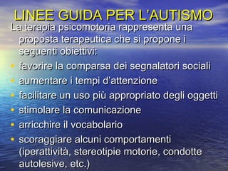 LINEE GUIDA PER L’AUTISMO

La terapia psicomotoria rappresenta una
proposta terapeutica che si propone i
seguenti obiettivi:
• favorire la comparsa dei segnalatori sociali
• aumentare i tempi d’attenzione
• facilitare un uso più appropriato degli oggetti
• stimolare la comunicazione
• arricchire il vocabolario
• scoraggiare alcuni comportamenti
(iperattività, stereotipie motorie, condotte
autolesive, etc.)

 