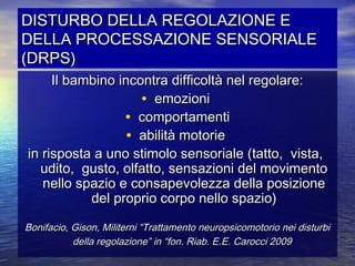DISTURBO DELLA REGOLAZIONE E
DELLA PROCESSAZIONE SENSORIALE
(DRPS)
Il bambino incontra difficoltà nel regolare:
• emozioni
• comportamenti
• abilità motorie
in risposta a uno stimolo sensoriale (tatto, vista,
udito, gusto, olfatto, sensazioni del movimento
nello spazio e consapevolezza della posizione
del proprio corpo nello spazio)
Bonifacio, Gison, Militerni “Trattamento neuropsicomotorio nei disturbi
della regolazione” in “fon. Riab. E.E. Carocci 2009

 