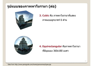 รูปแบบของภาพพาโนรามา (ต่อ)

                                           3. Cubic คือ ภาพพาโนรามาทีแสดง
                                                                     ่
                                               ภาพแบบลูกบาศก์ 6 ด ้าน




                                           4. Equirectangular คือภาพพาโนรามา
                                               ทีมมมมอง 360x180 องศา
                                                 ่ ี ุ



                                                                               17

Data from http://www.panoguide.com/howto/panoramas/types.jsp
 