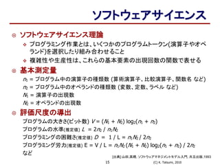 (C) K. Tatsumi, 201015
ソフトウェアサイエンス
 ソフトウェアサイエンス理論
 プログラミング作業とは、いくつかのプログラムトークン(演算子やオペ
ランド)を選択したり組み合わせること
 複雑性や生産性は、これらの基本要素の出現回数の関数で表せる
 基本測定量
n1 = プログラム中の演算子の種類数 (算術演算子、比較演算子、関数名 など)
n2 = プログラム中のオペランドの種類数 (変数、定数、ラベル など)
N1 = 演算子の出現数
N2 = オペランドの出現数
 評価尺度の導出
プログラムの大きさ(ビット数) V = (N1 + N2) log2(n1 + n2)
プログラムの水準(推定値) L = 2n2 / n1N2
プログラミングの困難さ(推定値) D = 1 / L = n1N2 / 2n2
プログラミング労力(推定値) E = V / L = n1N2 (N1 + N2) log2(n1 + n2) / 2n2
など
[出典] 山田,高橋, ソフトウェアマネジメントモデル入門, 共立出版,1993
 