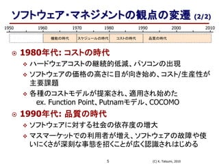 (C) K. Tatsumi, 20105
ソフトウェア・マネジメントの観点の変遷 (2/2)
 1980年代: コストの時代
 ハードウェアコストの継続的低減、パソコンの出現
 ソフトウェアの価格の高さに目が向き始め、コスト/生産性が
主要課題
 各種のコストモデルが提案され、適用され始めた
ex. Function Point、Putnamモデル、COCOMO
 1990年代: 品質の時代
 ソフトウェアに対する社会の依存度の増大
 マスマーケットでの利用者が増え、ソフトウェアの故障や使
いにくさが深刻な事態を招くことが広く認識されはじめる
1950 1980 19901960 1970 2000 2010
機能の時代 スケジュールの時代 コストの時代 品質の時代
 