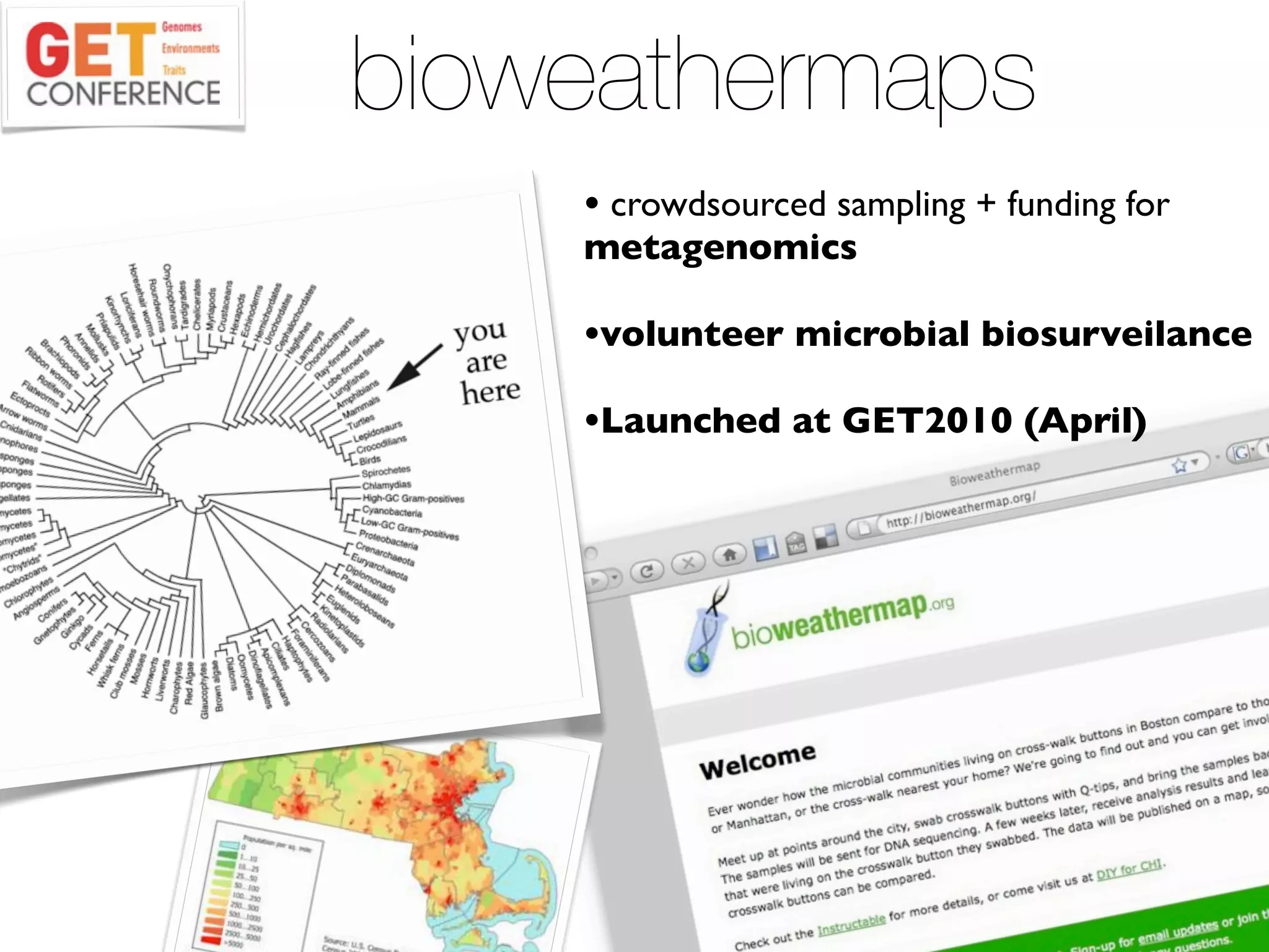 bioweathermaps
    • crowdsourced sampling + funding for
    metagenomics

    •volunteer microbial biosurveilance
    •Launched at GET2010 (April)
 