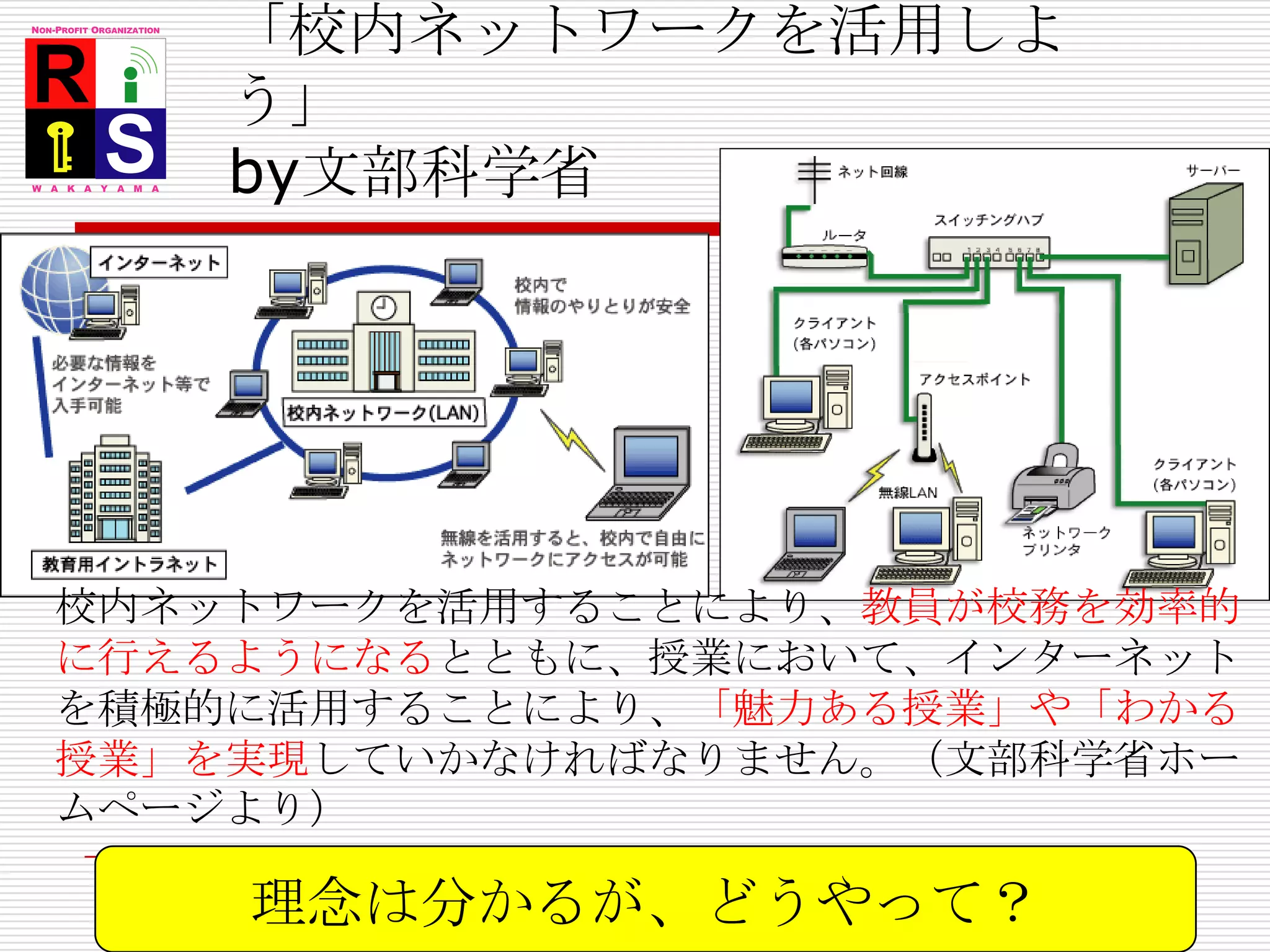 「校内ネットワークを活用しよう」by文部科学省校内ネットワークを活用することにより、教員が校務を効率的に行えるようになるとともに、授業において、インターネットを積極的に活用することにより、「魅力ある授業」や「わかる授業」を実現していかなければなりません。（文部科学省ホームページより）理念は分かるが、どうやって？