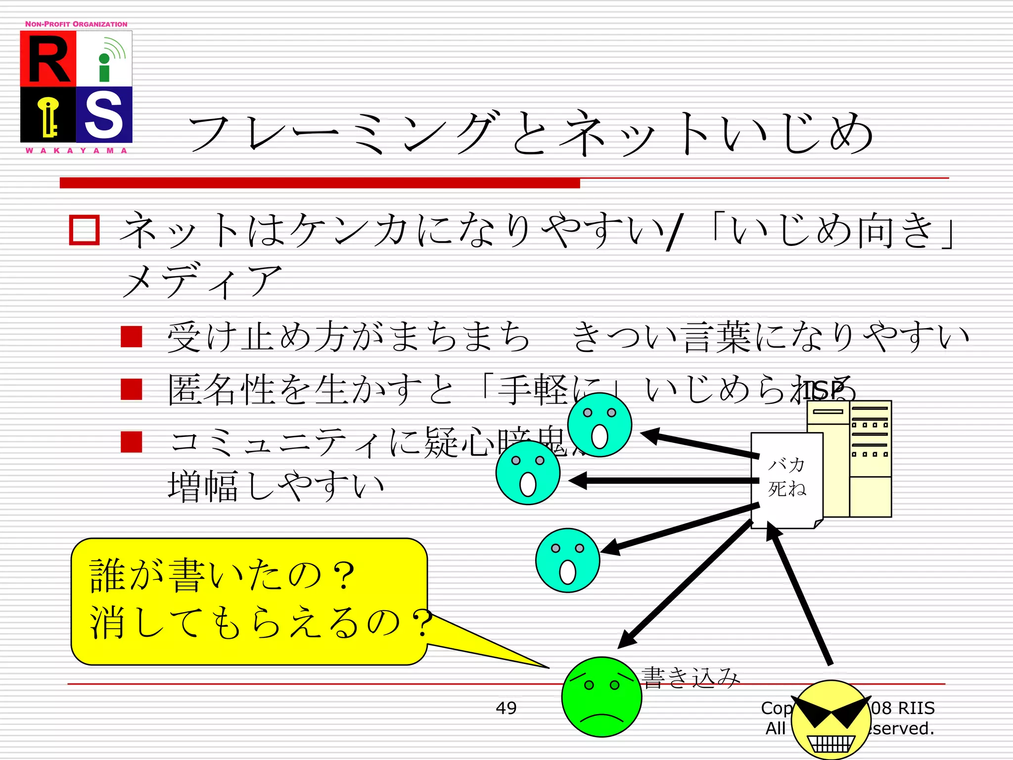 フレーミングとネットいじめ49Copyright 2008 RIIS All Rights Reserved.ネットはケンカになりやすい/「いじめ向き」メディア受け止め方がまちまち　きつい言葉になりやすい匿名性を生かすと「手軽に」いじめられるコミュニティに疑心暗鬼が増幅しやすいISPバカ死ね誰が書いたの？消してもらえるの？書き込み