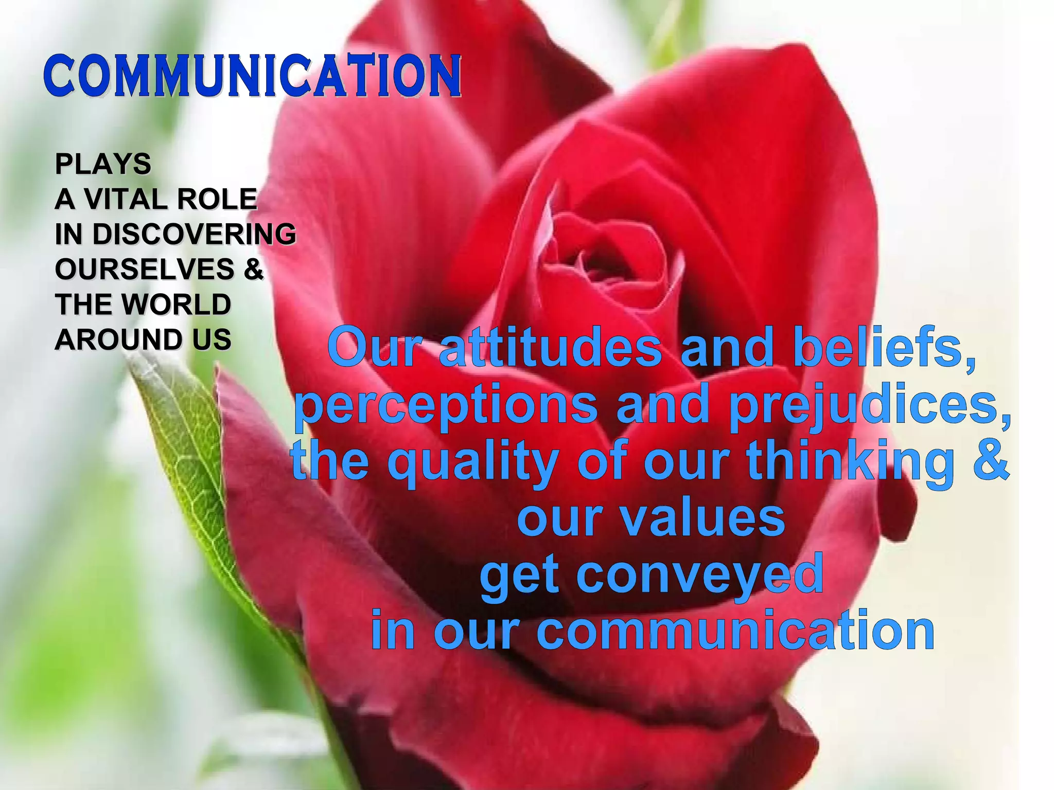 COMMUNICATION PLAYS  A VITAL ROLE IN DISCOVERING  OURSELVES &  THE WORLD  AROUND US Our attitudes and beliefs, perceptions and prejudices,  the quality of our thinking & our values get conveyed in our communication 