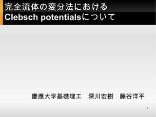 完全流体の変分法における Clebsch potentials について 慶應大学基礎理工　深川宏樹　藤谷洋平 