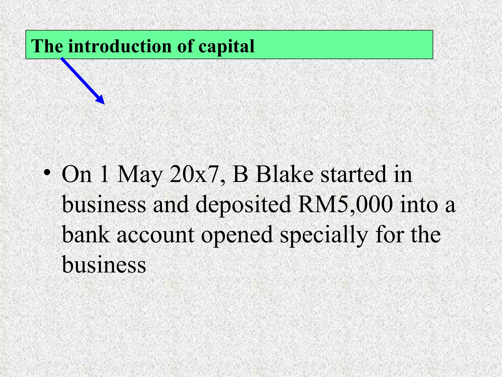 The introduction of capital On 1 May 20x7, B Blake started in business and deposited RM5,000 into a bank account opened specially for the business 