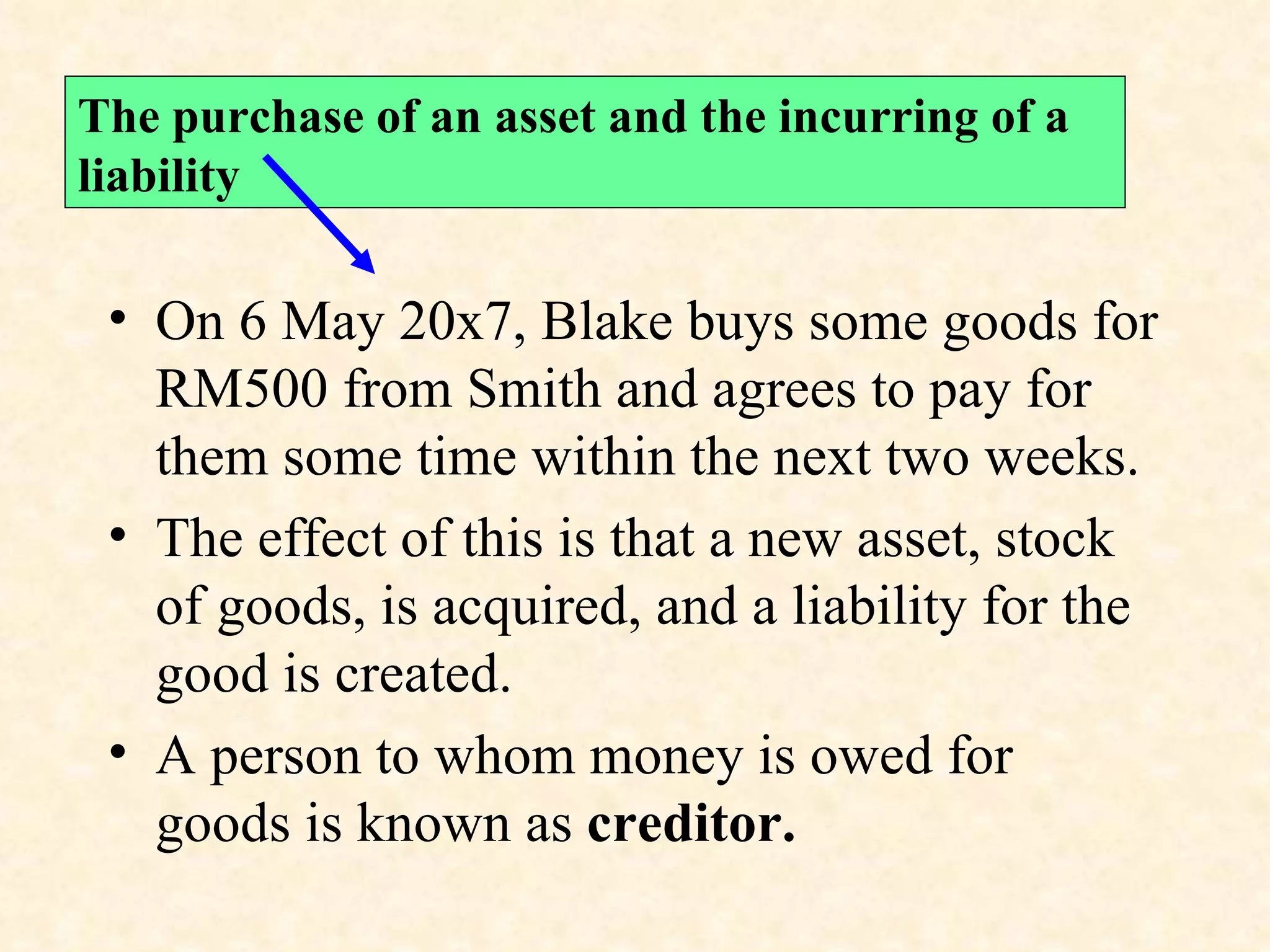 The purchase of an asset and the incurring of a liability On 6 May 20x7, Blake buys some goods for RM500 from Smith and agrees to pay for them some time within the next two weeks.  The effect of this is that a new asset, stock of goods, is acquired, and a liability for the good is created.  A person to whom money is owed for goods is known as  creditor. 