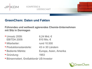 15.03.13   23




GreenChem: Daten und Fakten

Führendes und weltweit agierendes Chemie-Unternehmen
mit Sitz in Dormagen

 Umsatz 2009:                6,24 Mrd. €
  EBITDA 2009:                810 Mio. €
 Mitarbeiter:                rund 10.500
 Produktionsstandorte:       43 in 30 Ländern
 Bediente Märkte:            Europa, Asien, Amerika
 Gründung:                   1953
 Börsennotiert, Großaktionär US-Investor
 
