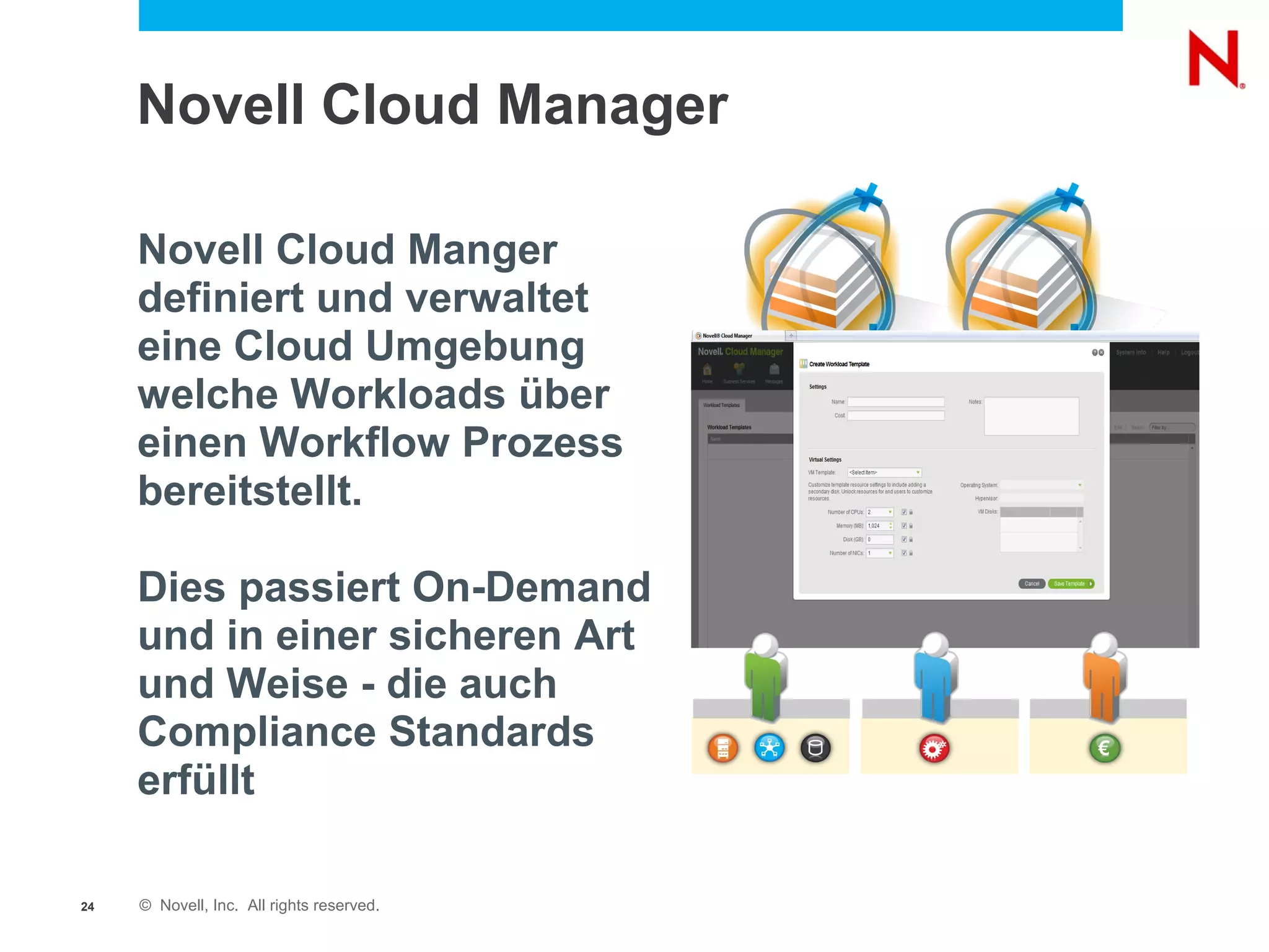 Novell Cloud Manager

     Novell Cloud Manger
     definiert und verwaltet
     eine Cloud Umgebung
     welche Workloads über
     einen Workflow Prozess
     bereitstellt.

     Dies passiert On-Demand
     und in einer sicheren Art
     und Weise - die auch
     Compliance Standards
     erfüllt

24   © Novell, Inc. All rights reserved.
 