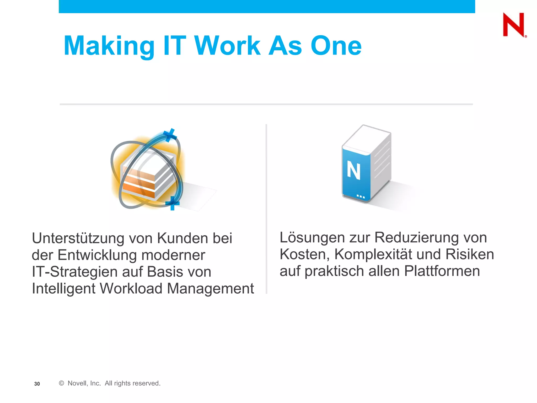 Making IT Work As One




Unterstützung von Kunden bei               Lösungen zur Reduzierung von
der Entwicklung moderner                   Kosten, Komplexität und Risiken
IT-Strategien auf Basis von                auf praktisch allen Plattformen
Intelligent Workload Management




30   © Novell, Inc. All rights reserved.
 