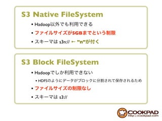 S3 Native FileSystem
  • Hadoop
  •                    5GB
  •            s3n:// ← ”n”



S3 Block FileSystem
  • Hadoop
      • HDFS
  •
  •            s3://
 