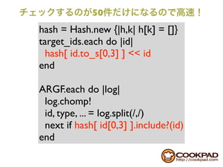 50
hash = Hash.new {|h,k| h[k] = []}
target_ids.each do |id|
  hash[ id.to_s[0,3] ] << id
end

ARGF.each do |log|
 log.chomp!
 id, type, ... = log.split(/,/)
 next if hash[ id[0,3] ].include?(id)
end
 