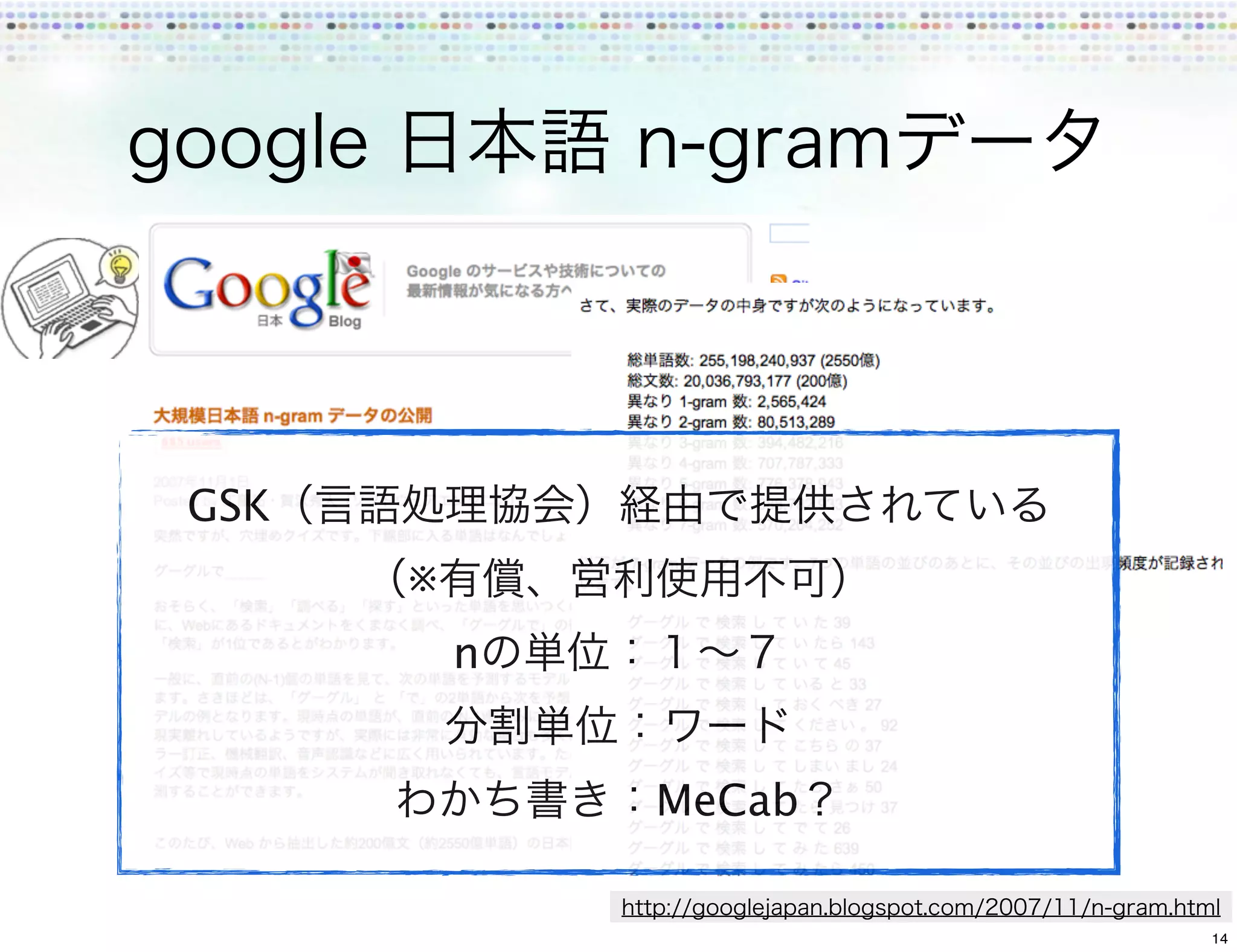 GSK
      ※
          n


              MeCab

                      14
 