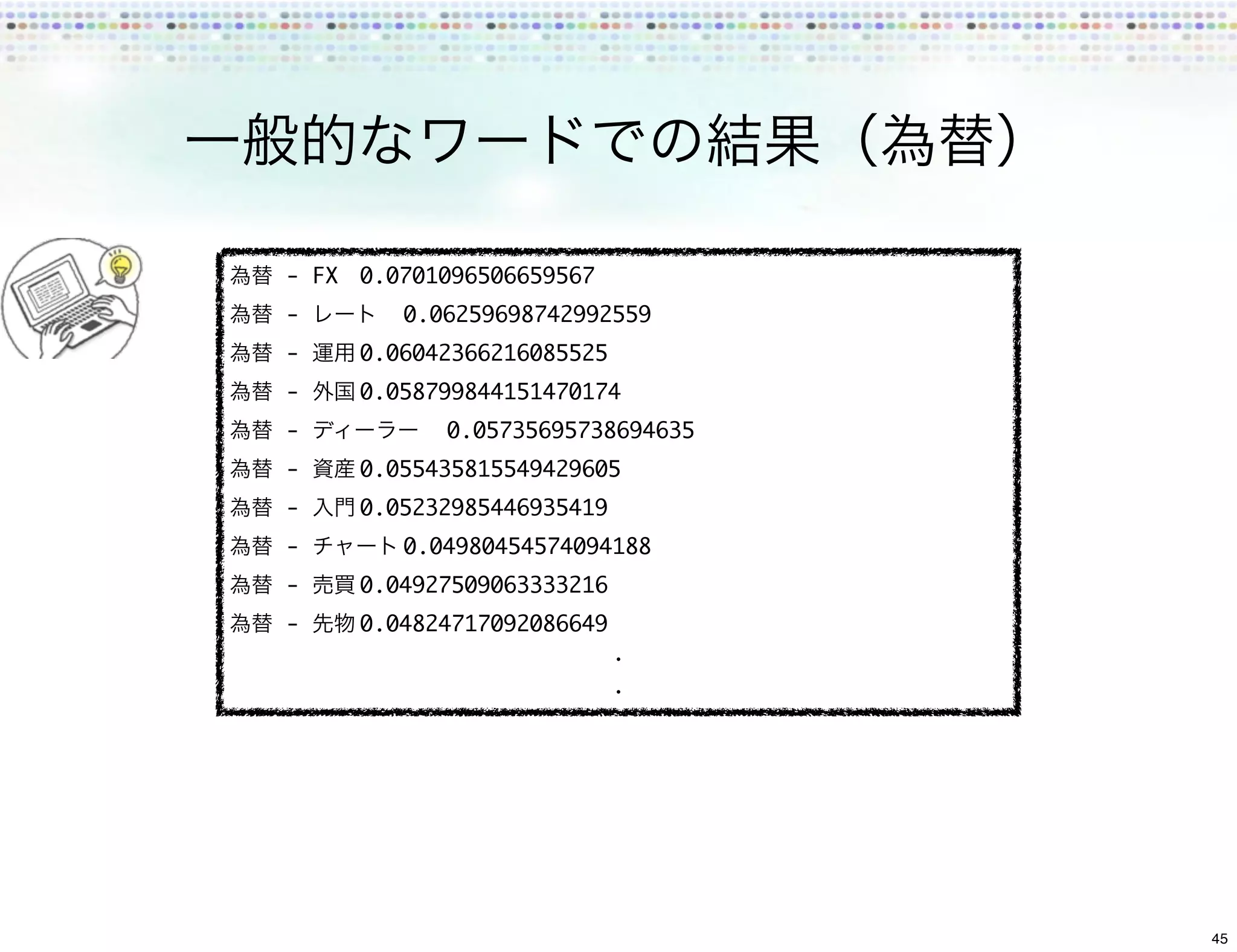 - FX	 0.0701096506659567
-      	 0.06259698742992559
-    	
     0.06042366216085525
-    	
     0.058799844151470174
-         	 0.05735695738694635
-    	
     0.055435815549429605
-    	
     0.05232985446935419
-       	
        0.04980454574094188
-    	
     0.04927509063333216
-    	
     0.04824717092086649




                                  45
 