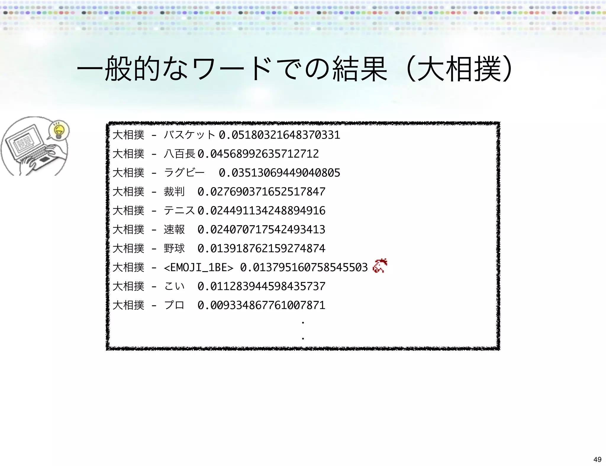 -         	
          0.05180321648370331
-     	
      0.04568992635712712
-       	 0.03513069449040805
-    	 0.027690371652517847
-     	
      0.024491134248894916
-    	 0.024070717542493413
-    	 0.013918762159274874
- <EMOJI_1BE>	0.013795160758545503
-    	 0.011283944598435737
-    	 0.009334867761007871




                                     49
 