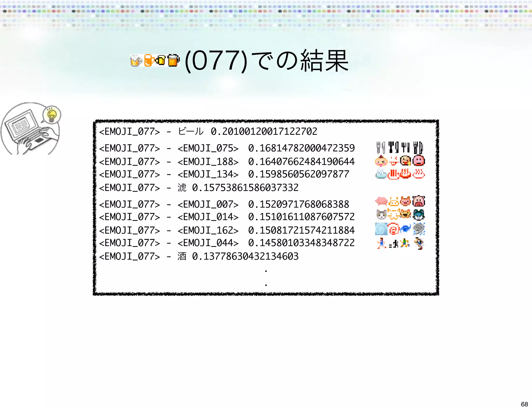 <EMOJI_077> -         	 0.20100120017122702
<EMOJI_077>   - <EMOJI_075>	 0.16814782000472359
<EMOJI_077>   - <EMOJI_188>	 0.16407662484190644
<EMOJI_077>   - <EMOJI_134>	 0.1598560562097877
<EMOJI_077>   -   	0.15753861586037332
<EMOJI_077>   -   <EMOJI_007>	 0.1520971768068388
<EMOJI_077>   -   <EMOJI_014>	 0.15101611087607572
<EMOJI_077>   -   <EMOJI_162>	 0.15081721574211884
<EMOJI_077>   -   <EMOJI_044>	 0.14580103348348722
<EMOJI_077>   -     	0.13778630432134603




                                                     68
 