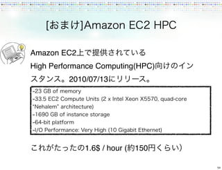 Amazon EC2
High Performance Computing(HPC)
         2010/07/13




             1.6$ / hour ( 150

                       ...