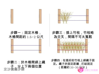 定沙圍籬步驟 步驟一：固定木樁， 木樁間距約 1.5~2 公尺 步驟二：於木樁間綁上繩子，分上下兩個位置 步驟三：插上竹枝，竹枝略為交叉，間隔不可太寬鬆 步驟四：在插好的竹枝上綁繩子固定。繩子於固定距離 , 打結固定（距離約 20~30 公分） 