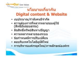 นโยบายเกี่ยวกับ
   Digital content & Website
• งบประมาณ/กําลังคนมีจํากัด
• ความตองการที่หลากหลายของผูใช
  (สิทธิ์อันชอบธรรม)
• ลิขสิทธิทรัพยสินทางปญญา
           ์
• ความหลากหลายของระบบ
• ขอกําหนดมีการปรับเปลี่ยน
• ตอบรับเทคโนโลยีอบติใหม
                     ุ ั
• การบริหารองคกรยุคใหม/ภาพลักษณองคกร
 