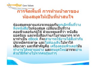 การจัดพืนที่ การทําหนาตาของ
          ้
    หองสมุดใหเปนที่นาสนใจ
                       
หองสมุดหลายแหงจะทยอยกันยกเลิกพื้นที่วาง
หิ้งหนังสือในหองสมุด เปลี่ยนเปนที่วาง
คอมพิวเตอรแกผูใช ดวยเหตุผลที่วา หนังสือ
ยอดนิยม และหนังสือเกาแกโบราณมากๆ หาก
มาทําเปน eBook ก็จะสามารถใชงานไดดีเทากัน
ประหยัดกระดาษ และไมตองเดินไปหาให
เสียเวลา และที่สาคัญคือ เครื่องคอมพิวเตอรมัน
                 ํ
ทํางานไดหลายอยาง และคนยุคใหมอาจจะอาน
ดวยวิธีทตางไปจากคนรุนเกาๆ
         ี่
 