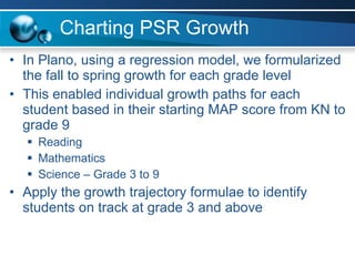 Charting PSR Growth In Plano, using a regression model, we formularized the fall to spring growth for each grade level This enabled individual growth paths for each student based in their starting MAP score from KN to grade 9 Reading Mathematics Science – Grade 3 to 9 Apply the growth trajectory formulae to identify students on track at grade 3 and above 