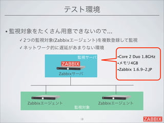 テスト環境

• 監視対象をたくさん用意できないので...
  ✓ 2つの監視対象(Zabbixエージェント)を複数登録して監視

  ✓ ネットワーク的に遅延があまりない環境

                    監視サーバ         •Core   2 Duo 1.8GHz 
                                  •メモリ4GB

                                  •Zabbix   1.6.9-2.JP 
              Zabbixサーバ




    Zabbixエージェント            Zabbixエージェント
                    監視対象

                      18
 