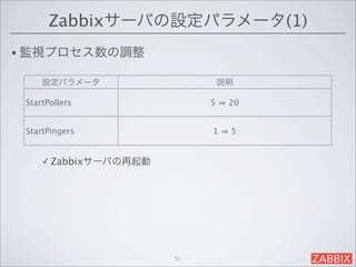 Zabbixサーバの設定パラメータ(1)
• 監視プロセス数の調整

     設定パラメータ                    説明

 StartPollers               5    20


 StartPingers               1    5


     ✓ Zabbixサーバの再起動




                       51
 