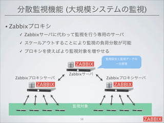 分散監視機能 (大規模システムの監視)

• Zabbixプロキシ
   ✓   Zabbixサーバに代わって監視を行う専用のサーバ
   ✓   スケールアウトすることにより監視の負荷分散が可能
   ✓   プロキシを使えばより監視対象を増やせる
                              監視設定と監視データの
                                 一元管理


                  Zabbixサーバ
  Zabbixプロキシサーバ               Zabbixプロキシサーバ




                   監視対象


                      58
 