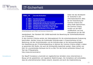 IT-Sicherheit

                                                                               Dabei hat das Bundesamt
                                                                               für Sicherheit in der
                                                                               Informationstechnik (BSI)
                                                                               bei der Entwicklung der
                                                                               Common Criteria eine
                                                                               aktive Rolle übernommen.
                                                                               Die Common Criteria
                                                                             wurden von der NIST
             Sicherheitslevels nach ITSEC und Common Criteria (CC)
                                                                             veröffentlicht und sind
                                                                             international von der ISO
             standardisiert. Der Standard ISO 15408 beschreibt die Bewertung der Sicherheitsfunktionen
             von IT-Produkten.
             In den Common Criterias werden der Geltungsbereich für die sicherheitsrelevante Evaluierung
             beschrieben, darüber hinaus die funktionalen Anforderungen in Zusammenhang mit der
             Bedrohung und den Sicherheitszielen und die Anforderungen an die Vertrauenswürdigkeit.
             Die Klassifizierung der IT-Sicherheitsprüfung im Rahmen der Common Criteria erfolgt in sieben
             so genannten EAL-Stufen, die auch als Schutzprofile bezeichnet werden. Diese reichen von
             EAL1 für unzureichendes Vertrauen bis hin zu EAL7 für den formal verifizierten Entwurf und
             Test des IT-Equipments.
             http://www.bsi.bund.de/cc/


Compliance   Der Begriff Compliance umschreibt ein regelkonformes Verhalten eines Unternehmens in
             Bezug auf die gesetzlichen und regulativen Bestimmungen. Die Compliance soll sicherstellen,
             dass die unternehmerischen Risiken erkannt, bewertet und durch die Implementierung
                                                                                                             13
 